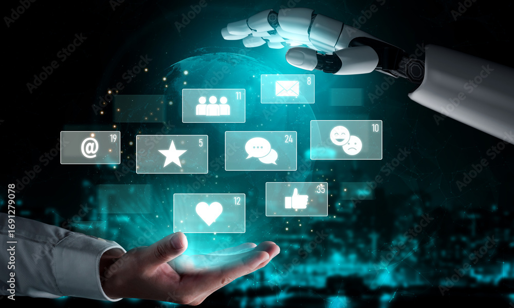 Aufkleber ai analyzing social media metrics, reading user interaction patterns, tracking engagement levels, an