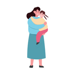 A mother holds her daughter in her arms. Love and care for a child in a family. Vector flat graphics.