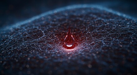 A luminous red droplet rests upon a complex, interconnected network of glowing blue fibers, evoking concepts of science and technology.