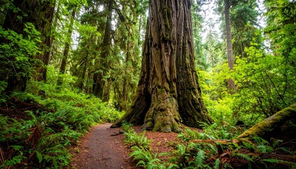Lush forest trail with giant redwood
