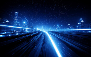 Obraz premium Blurred motion of city lights at night with modern urban scenery