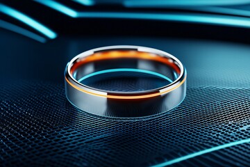 Close up macro of smart wearable biometric ring sensor detecting oxygen levels with glowing LED.