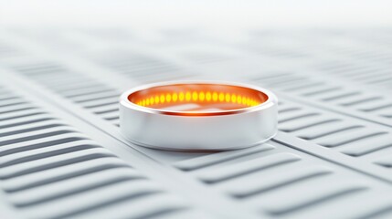 Close up macro of smart wearable biometric ring sensor detecting oxygen levels with glowing LED.