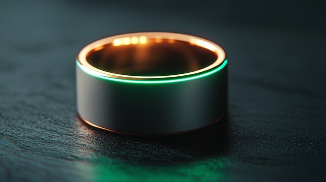 Close up macro of smart wearable biometric ring sensor detecting oxygen levels with glowing LED. - Powered by Adobe