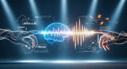 Naklejka premium Mindfulness and focus concept. A hologram of chaotic brainwaves becomes calm and synchronized with a touch, symbolizing a state of focus.