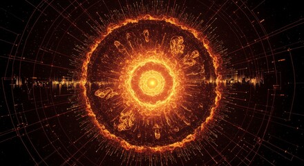 Abstract fiery explosion with intricate circular patterns and radiating light, symbolizing energy and cosmic phenomena.