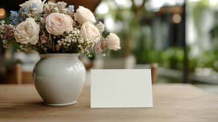 Floral arrangement and blank card on wood table in soft, bright setting