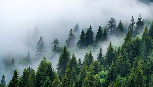 misty mountain forest trees enveloped in fog