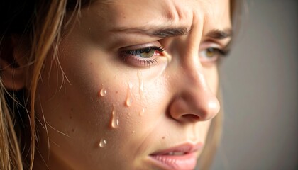 Close-up of a young woman's face in distress. Tears stream down her cheek, her brow furrowed, expressing sadness or grief against a blurred background