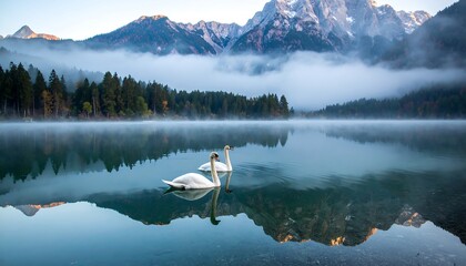 Majestic swans on a serene mountain lake at dawn
