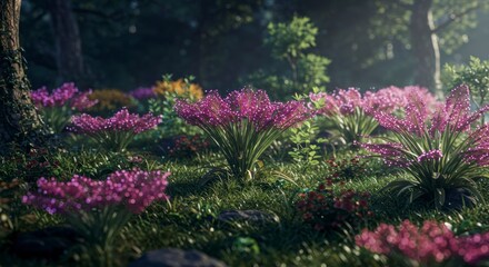 Vibrant purple and pink wildflowers bloom in a sun-dappled forest clearing, creating a serene natural landscape.