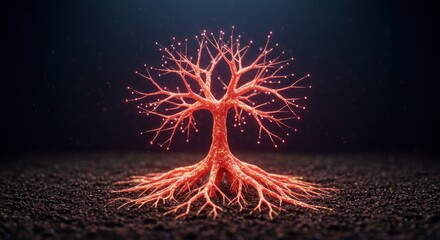 Abstract glowing tree with intricate roots and branches emerges from dark soil, symbolizing life and growth.