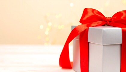 Gift box with red ribbon on a light beige background