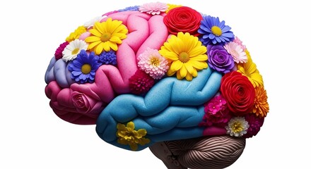 Vibrant, creative brain bursting with colorful flowers symbolizing growth, ideas, and mental well-being