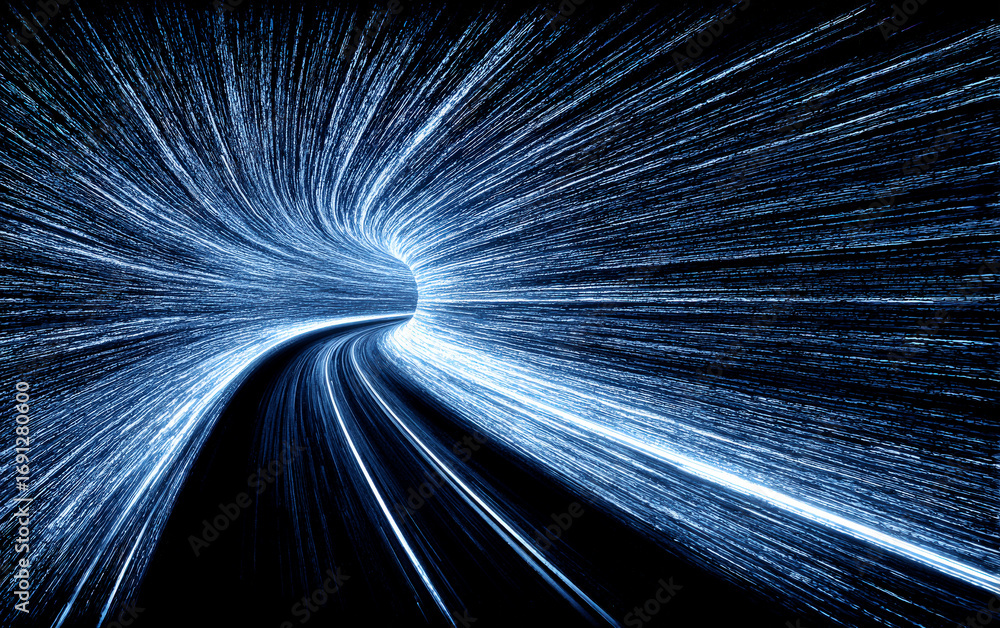 Poster dynamic blue light trails creating a tunnel-like visual effect