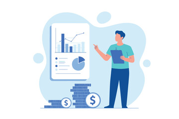 Financial professional presents data analysis and investment growth with charts and coins concept
