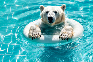 Polar bear relaxing in swimming pool with inflatable ring