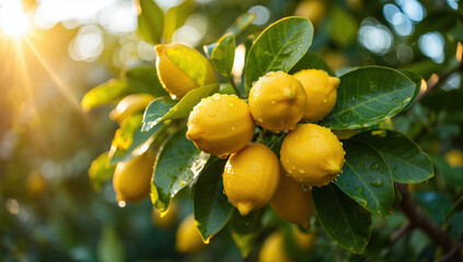 Ripe yellow lemons growing on a tree at sunset