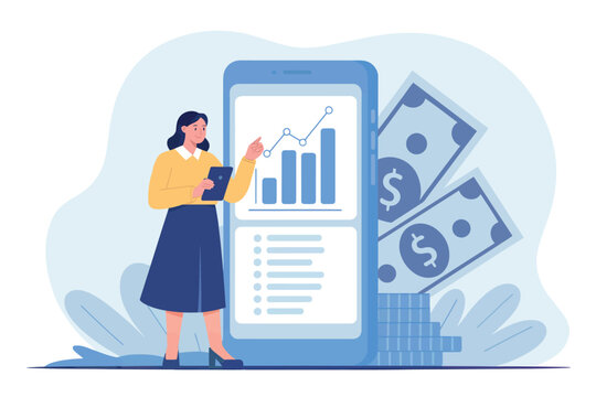Business woman analyzing financial charts on a smartphone screen with cash and plant elements representing growth and success - Powered by Adobe