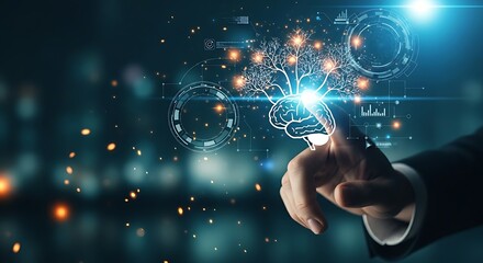 Knowledge expansion and learning concept. A hand touches a holographic brain icon, from which new branches of knowledge grow like a tree.