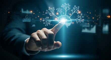 Fototapeta premium Knowledge expansion and learning concept. A hand touches a holographic brain icon, from which new branches of knowledge grow like a tree.
