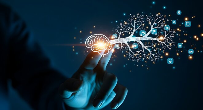 Knowledge expansion and learning concept. A hand touches a holographic brain icon, from which new branches of knowledge grow like a tree.