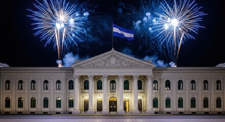 illuminated neoclassical building with national flag under night sky, enhanced by vibrant blue fireworks. celebration and pride. event poster, travel brochure, el salvador independence day