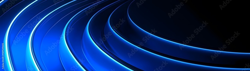Poster a dynamic abstract design features a series of concentric, flowing curves in a deep blue hue, creati