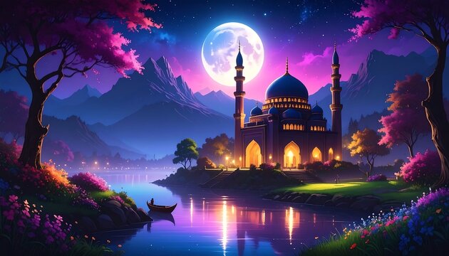 Nighttime mosque by a lake