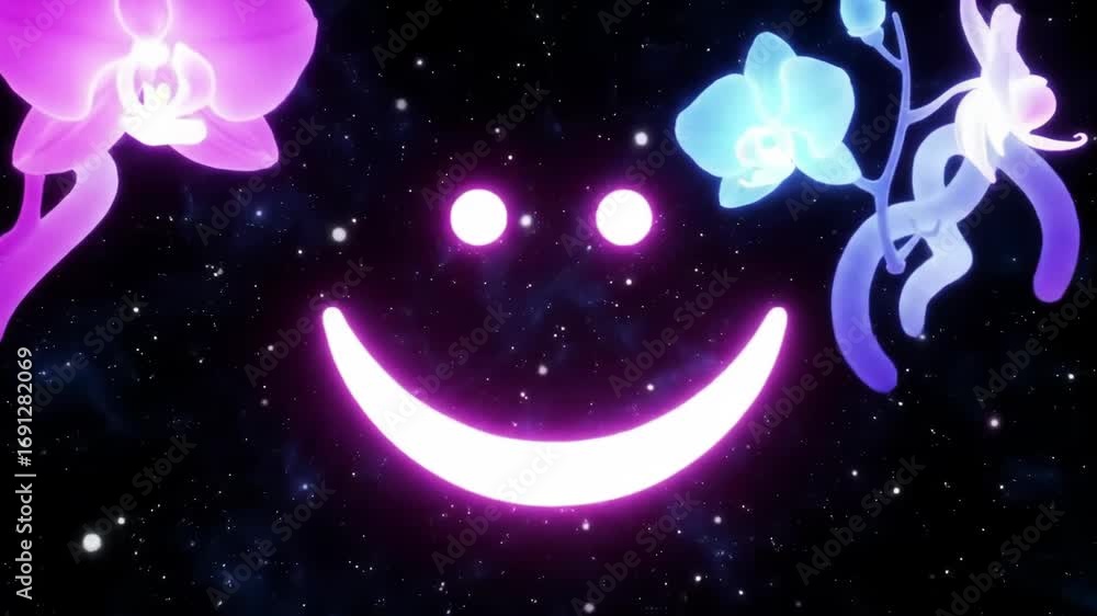 Aufkleber dynamic glowing neon orchids form a cosmic smiling face in ethereal space