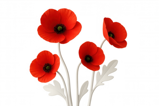 Four red poppies blooming with white stems and white leaves are featured on a transparent background