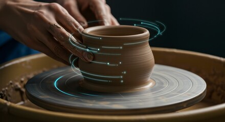 Artisan hands skillfully shape clay on a pottery wheel, with futuristic digital elements enhancing the creative process.