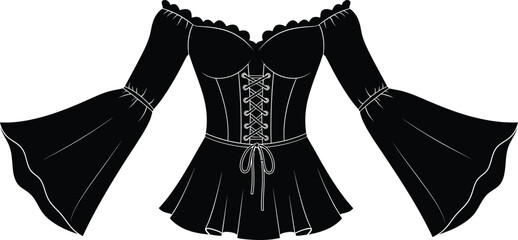Black off-shoulder peasant top with long bell sleeves and lace-up corset bodice.