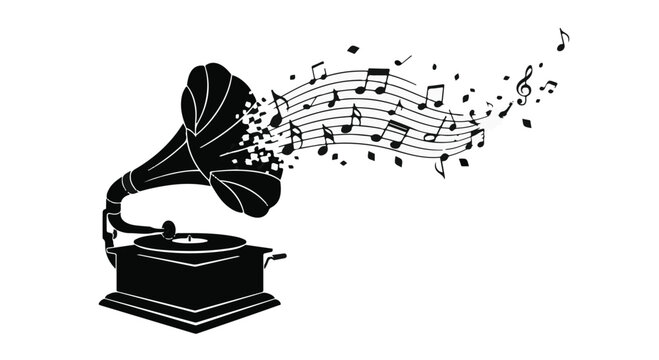 Vintage gramophone elegantly releasing a stream of musical notes into the air.