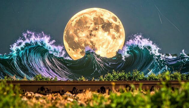 Majestic moon over a stormy ocean, railway tracks - Powered by Adobe