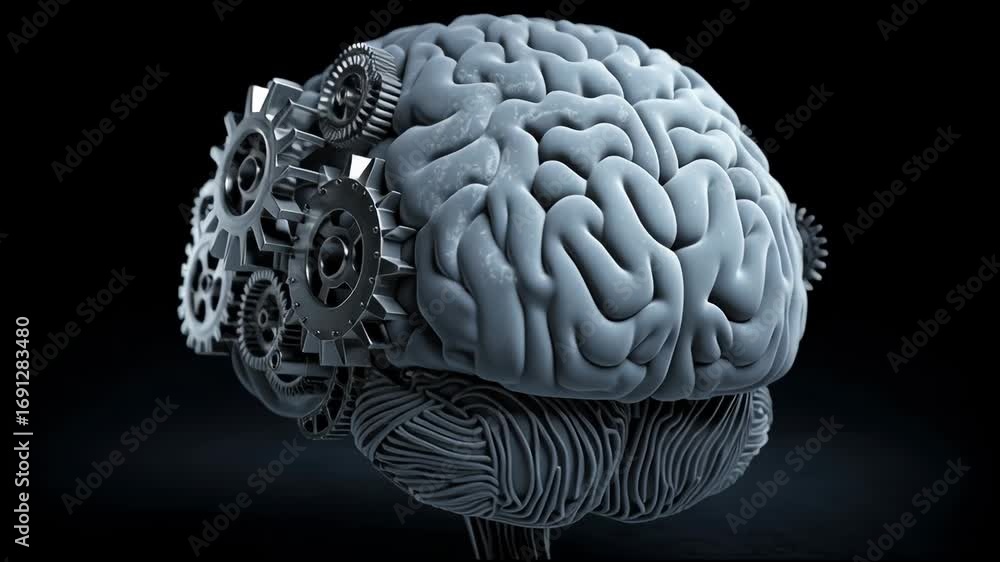 Poster exploring the connection between human cognition and mechanical systems through an artistic represen