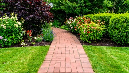Lush garden path winding through colorful blooms