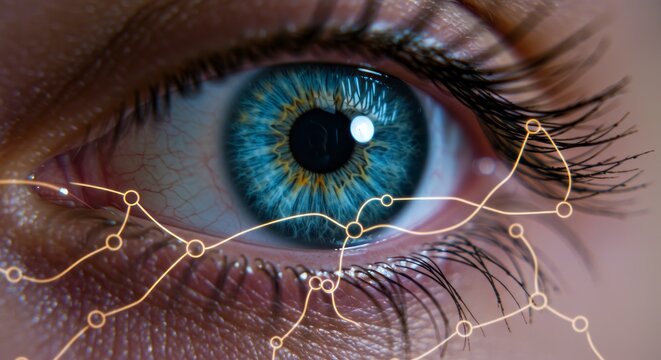 Close-up of a human eye with a digital network overlay suggesting advanced technology and data analysis. - Powered by Adobe
