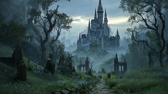 Misty, gothic castle in a secluded, overgrown graveyard