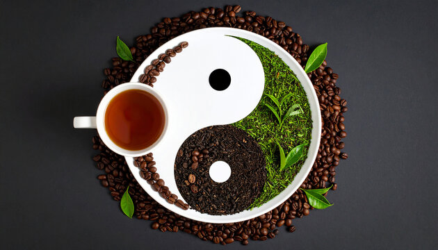 Yin-yang design with coffee beans, tea leaves, and tea cup symbolizing balance, AI Generated