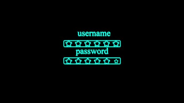 Cyan outline username and password input fields with stars on black background login
