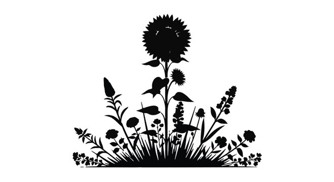Whimsical silhouette of wildflowers and a tall sunflower, evoking nature's beauty and growth.