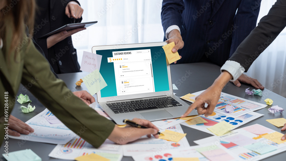 Poster analyst team use sticky note for creative and analytic brainstorm for business idea with bi data das