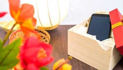 Gift-wrapped phone in a wooden box