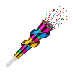 Colorful party horn blowing confetti on a white background.