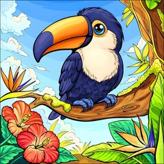A vibrant illustration of a toucan perched on a branch surrounded by tropical flowers and lush foliage.