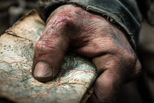 A close-up of a scarred, calloused hand gripping a worn map, indicating a long, arduous journey through treacherous terrain.