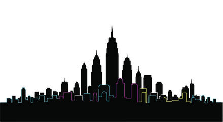 Fototapeta premium Vibrant city skyline silhouette with colorful architectural details at dusk