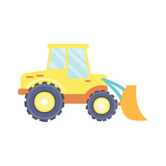 Fototapeta premium A cartoon bulldozer with a yellow color, a powerful machine for construction. This vehicle is used for various earthmoving tasks