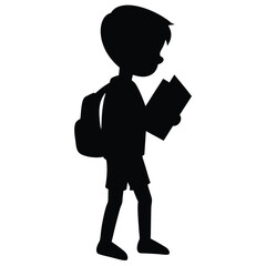 Boy with Backpack Reading Book Silhouette Vector
